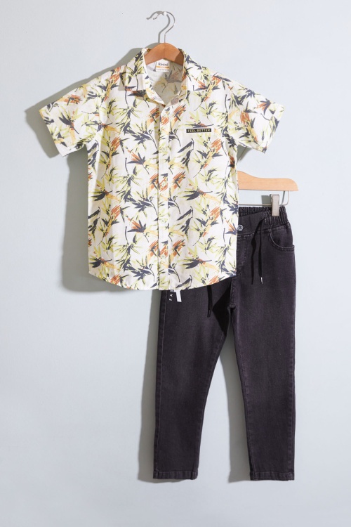 Sarı Desenli Kısa Kol Gömlekli Erkek Çocuk Pantolonlu Takım 19008