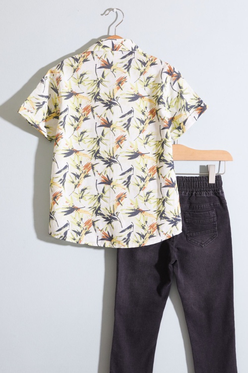 Sarı Desenli Kısa Kol Gömlekli Erkek Çocuk Pantolonlu Takım 19008