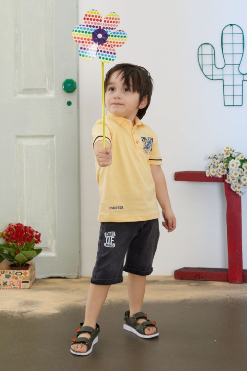 Sarı Skate Baskılı Polo Yaka Erkek Çocuk Jean Şortlu Takım 18743