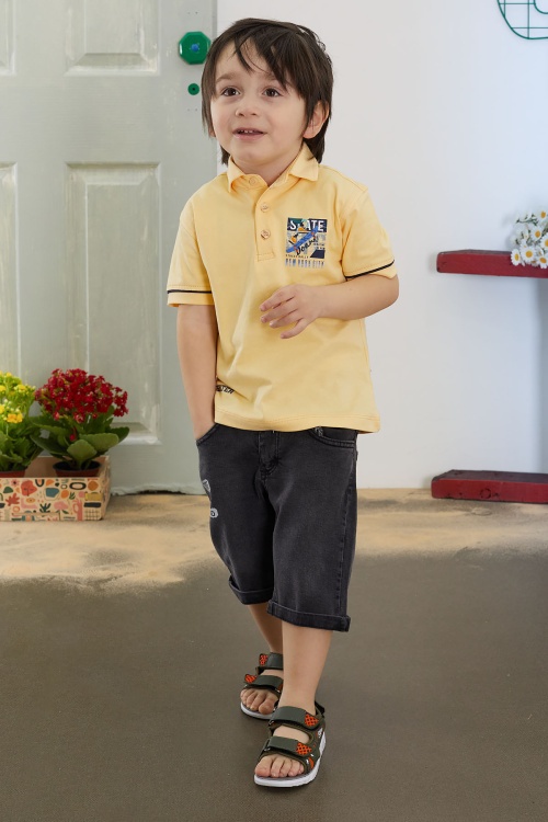 Sarı Skate Baskılı Polo Yaka Erkek Çocuk Jean Şortlu Takım 18743