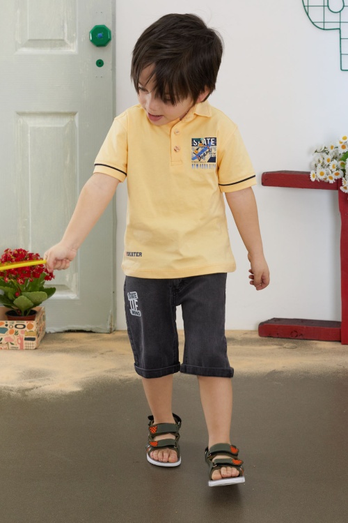 Sarı Skate Baskılı Polo Yaka Erkek Çocuk Jean Şortlu Takım 18743