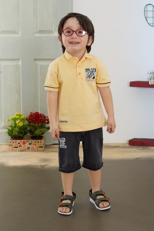 Sarı Skate Baskılı Polo Yaka Erkek Çocuk Jean Şortlu Takım 18743