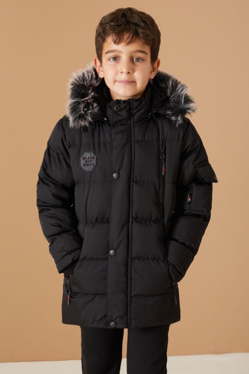 Siyah Arma Detaylı Fermuar Cepli Erkek Çocuk Kürkü Kapşonlu Mont 19067
