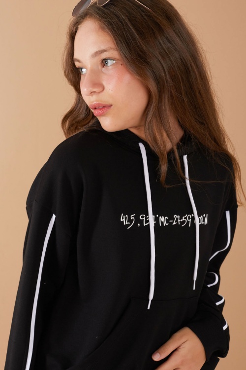 Siyah Baskılı Kız Çocuk Şeritli Kapüşonlu Sweatshirt 19219