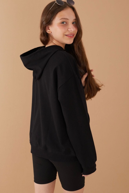 Siyah Baskılı Kız Çocuk Şeritli Kapüşonlu Sweatshirt 19219
