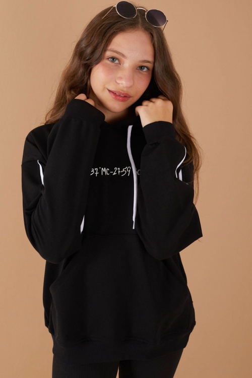 Siyah Baskılı Kız Çocuk Şeritli Kapüşonlu Sweatshirt 19219