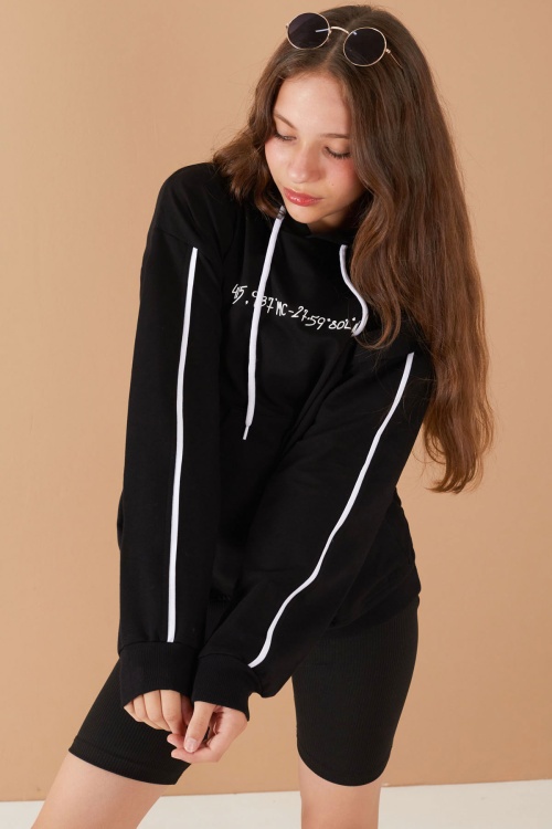 Siyah Baskılı Kız Çocuk Şeritli Kapüşonlu Sweatshirt 19219