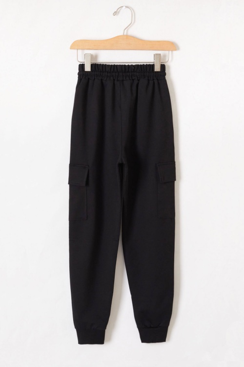 Siyah Beli Lastikli Basic Kargo Cepli Kız Çocuk Okul Eşofman Altı 19193