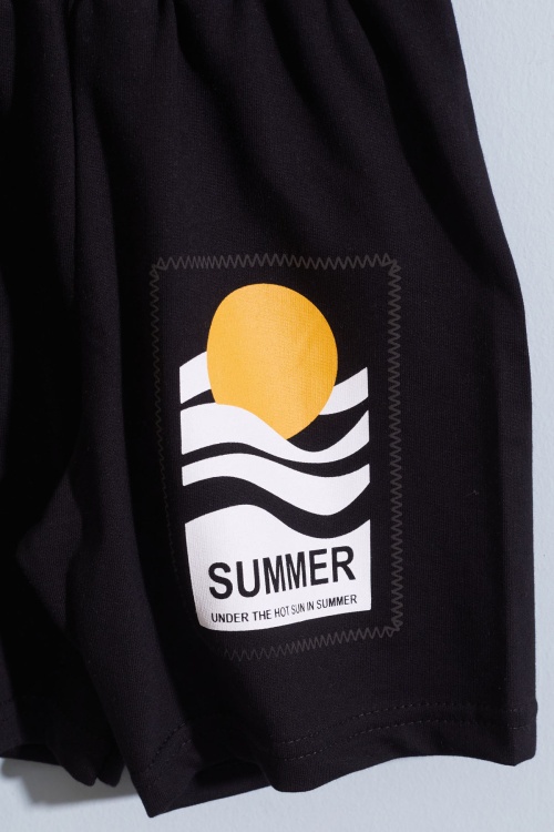 Siyah Çizgili Summer Baskılı Erkek Çocuk Şortlu Takım 18933