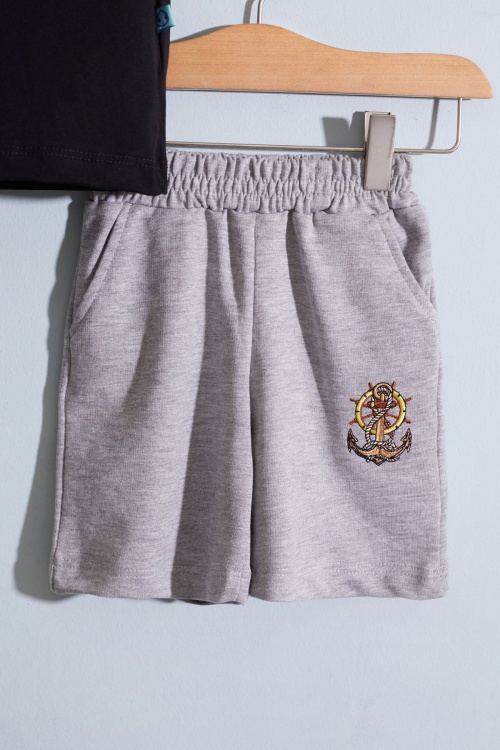 Siyah Denizci Nakışlı Kısa Kol Tişörtlü Şortlu Erkek Bebek Takım 18908