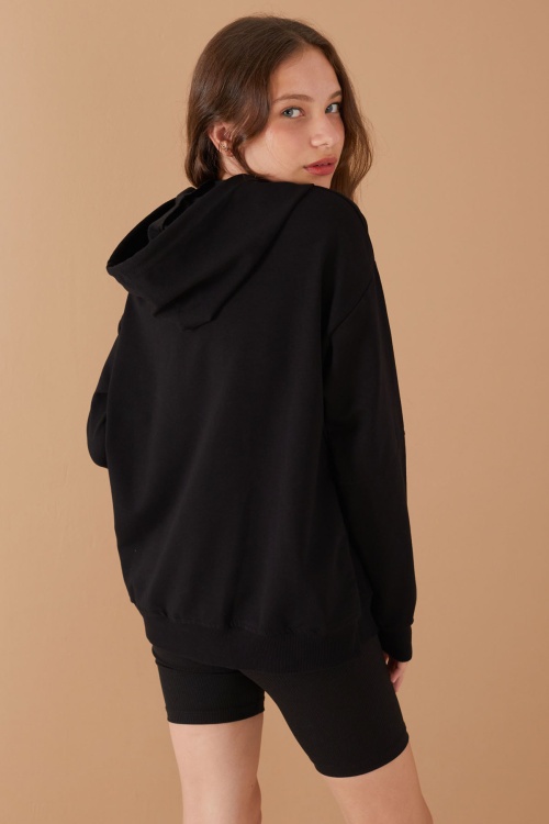 Siyah Fermuarlı Basic Kız Çocuk Kapüşonlu Okul Hırkası 19203