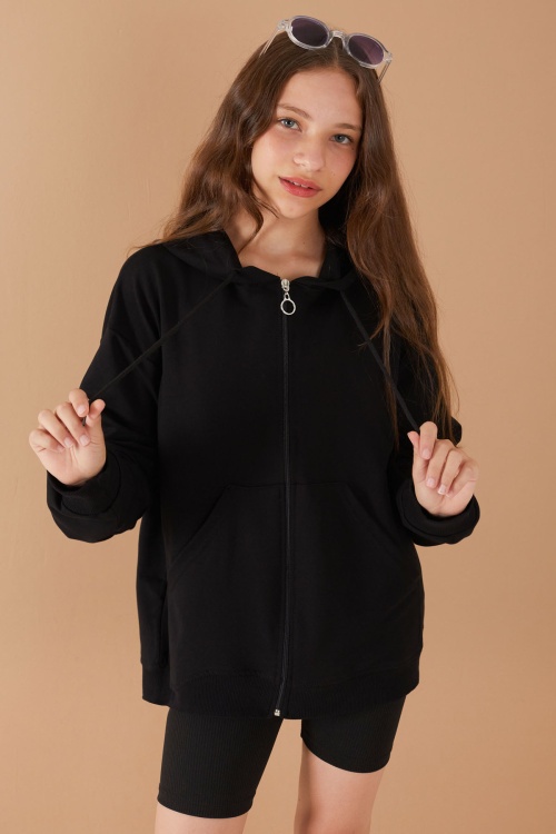 Siyah Fermuarlı Basic Kız Çocuk Kapüşonlu Okul Hırkası 19203