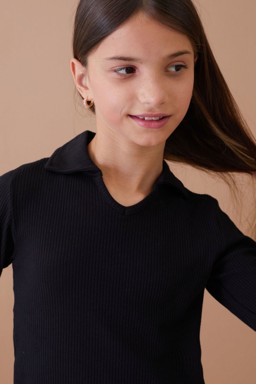 Siyah Fitilli Yakalı Kız Çocuk Uzun Kollu Badi 18878