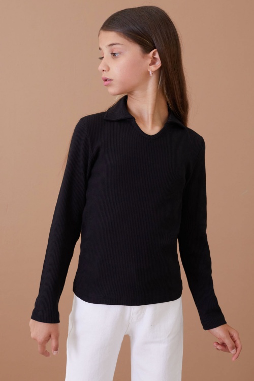 Siyah Fitilli Yakalı Kız Çocuk Uzun Kollu Badi 18878