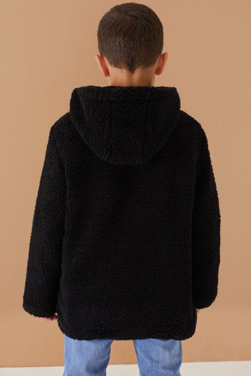 Siyah Göğüs Cepli Kapüşonlu Erkek Çocuk Peluş Hırka 19501