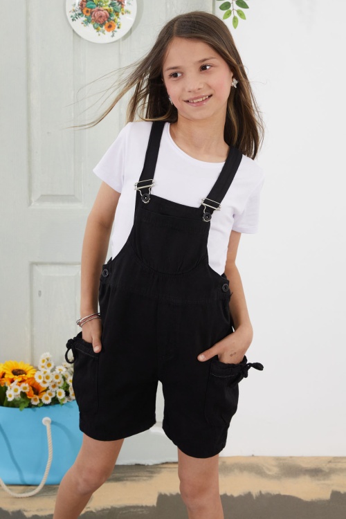 Siyah Göğüs Cepli Kız Çocuk Şort Salopet Tulum 18775
