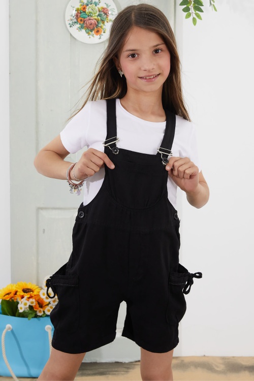 Siyah Göğüs Cepli Kız Çocuk Şort Salopet Tulum 18775