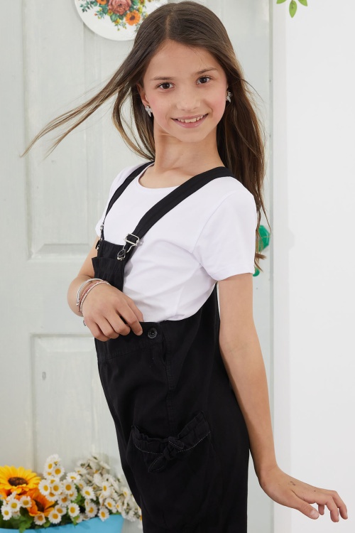 Siyah Göğüs Cepli Kız Çocuk Şort Salopet Tulum 18775