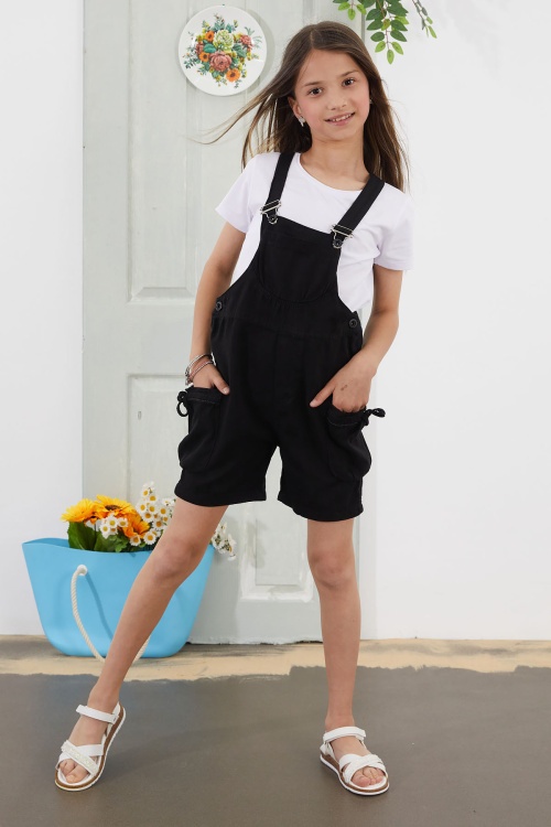 Siyah Göğüs Cepli Kız Çocuk Şort Salopet Tulum 18775