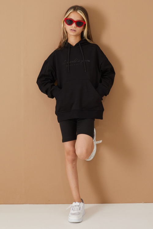 Siyah Göğüs Yazılı Kanguru Cepli Kapüşonlu Kız Çocuk Sweatshirt 19336
