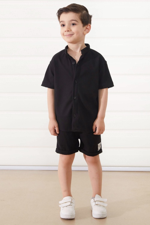 Siyah Hakim Yaka Gömlekli Erkek Çocuk Basic Şortlu Takım 18895