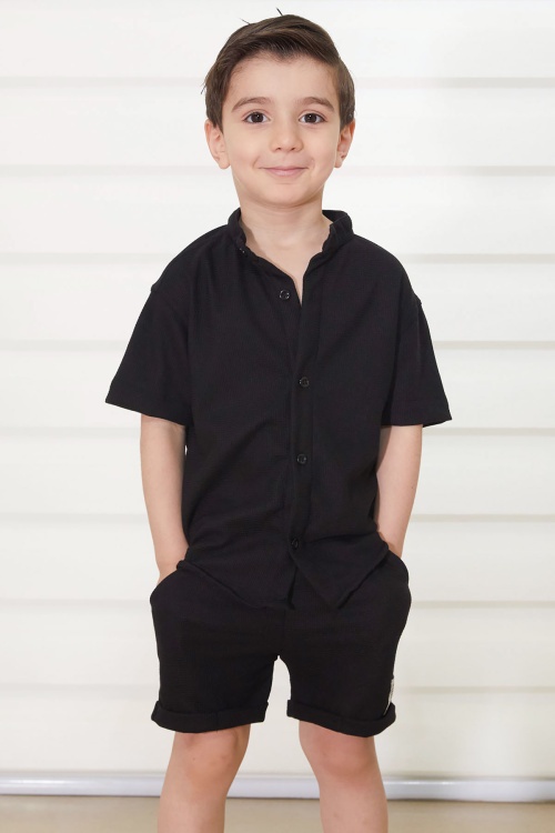Siyah Hakim Yaka Gömlekli Erkek Çocuk Basic Şortlu Takım 18895