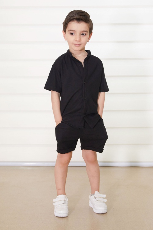 Siyah Hakim Yaka Gömlekli Erkek Çocuk Basic Şortlu Takım 18895