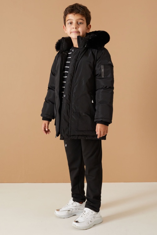 Siyah İçi Kürklü Kol Cep Detaylı Erkek Çocuk Kapüşonlu Mont 19058