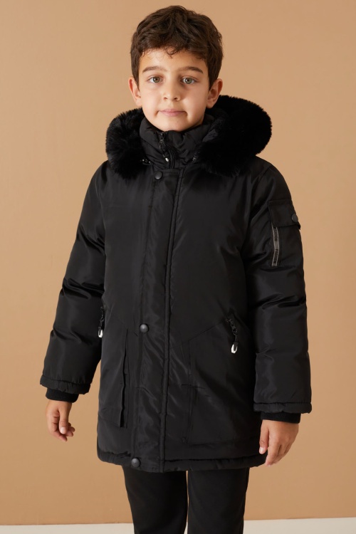 Siyah İçi Kürklü Kol Cep Detaylı Erkek Çocuk Kapüşonlu Mont 19058