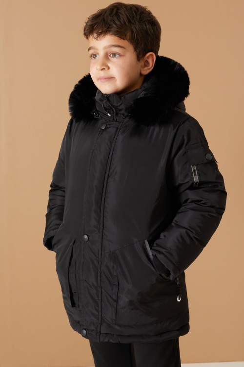 Siyah İçi Kürklü Kol Cep Detaylı Erkek Çocuk Kapüşonlu Mont 19058