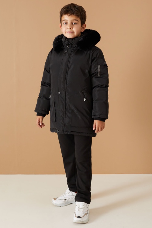 Siyah İçi Kürklü Kol Cep Detaylı Erkek Çocuk Kapüşonlu Mont 19058