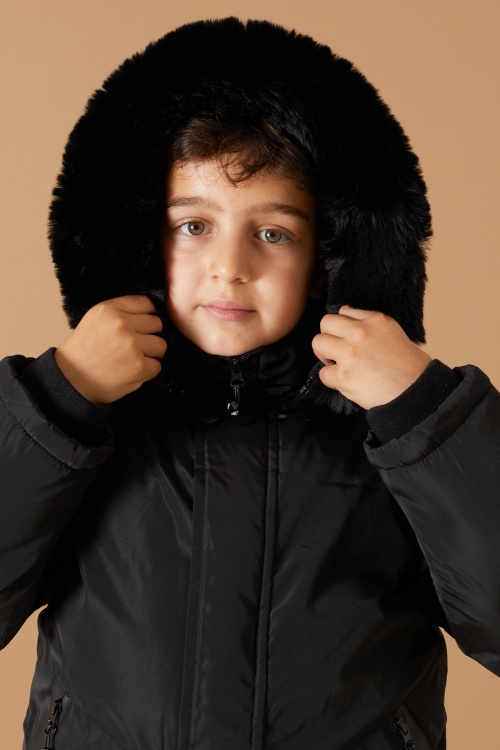 Siyah İçi Kürklü Kol Cep Detaylı Erkek Çocuk Kapüşonlu Mont 19058