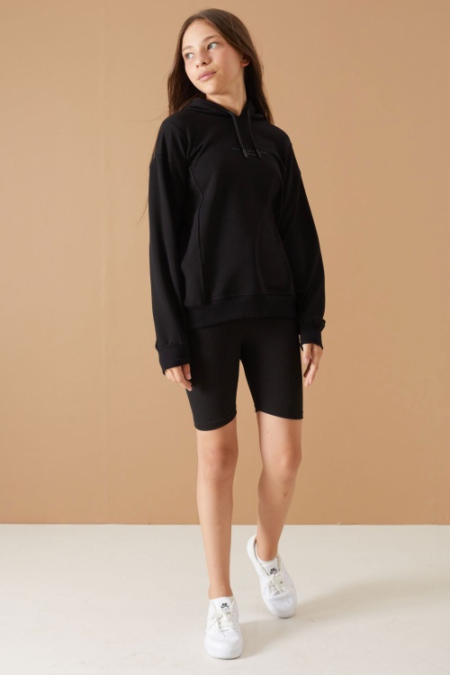 Siyah Kabartmalı Yazılı Kapüşonlu Kız Çocuk Sweatshirt 19303