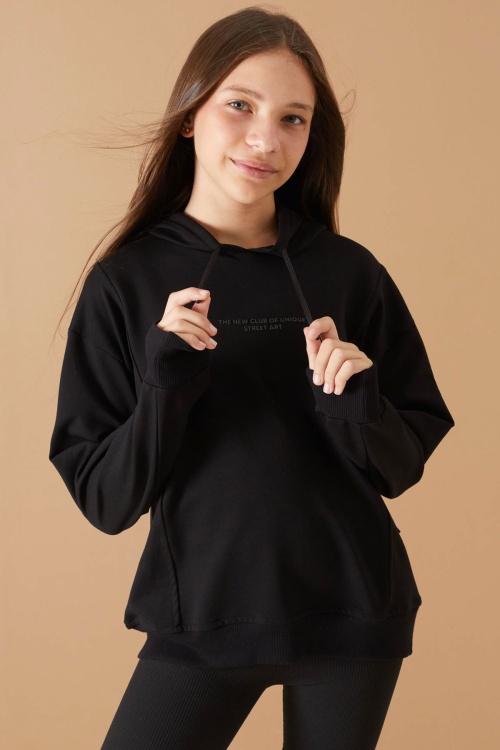 Siyah Kabartmalı Yazılı Kapüşonlu Kız Çocuk Sweatshirt 19303