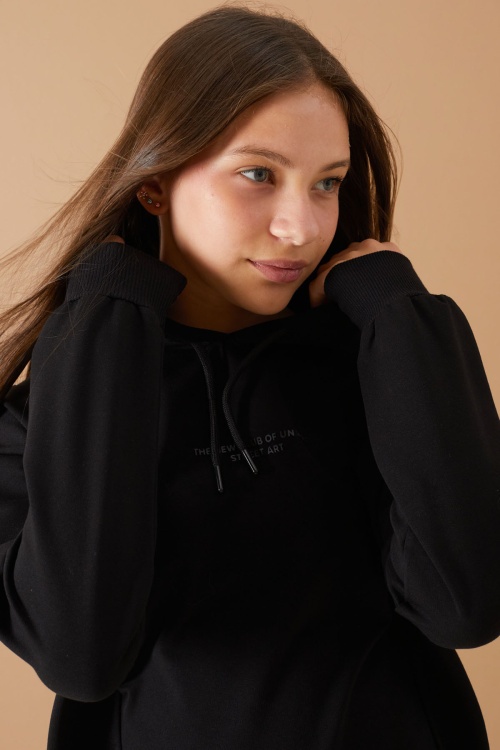 Siyah Kabartmalı Yazılı Kapüşonlu Kız Çocuk Sweatshirt 19303