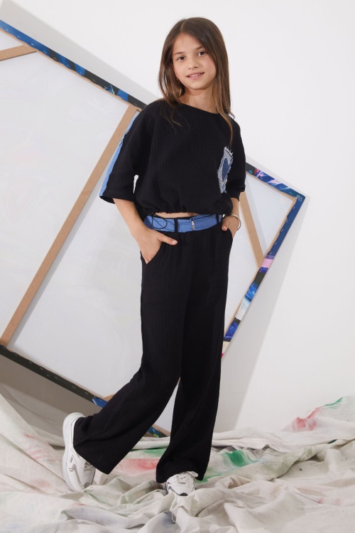 Siyah Kalp Nakışlı Cepli Oversize Croplu Kız Çocuk Alt Üst Takım 18941