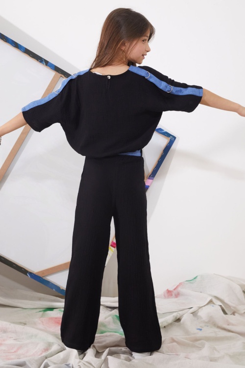 Siyah Kalp Nakışlı Cepli Oversize Croplu Kız Çocuk Alt Üst Takım 18941