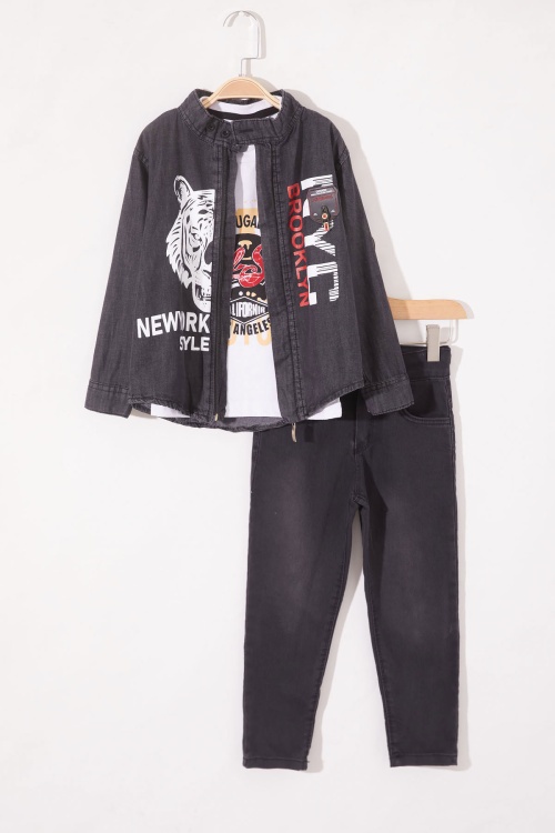 Siyah Kaplan Baskılı Fermuarlı Jean Gömlekli Erkek Çocuk Takım 18981