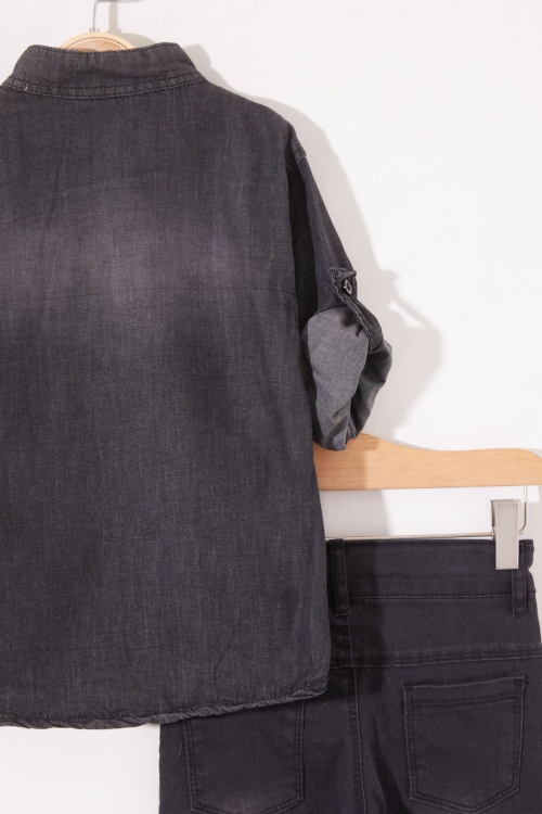 Siyah Kaplan Baskılı Fermuarlı Jean Gömlekli Erkek Çocuk Takım 18981