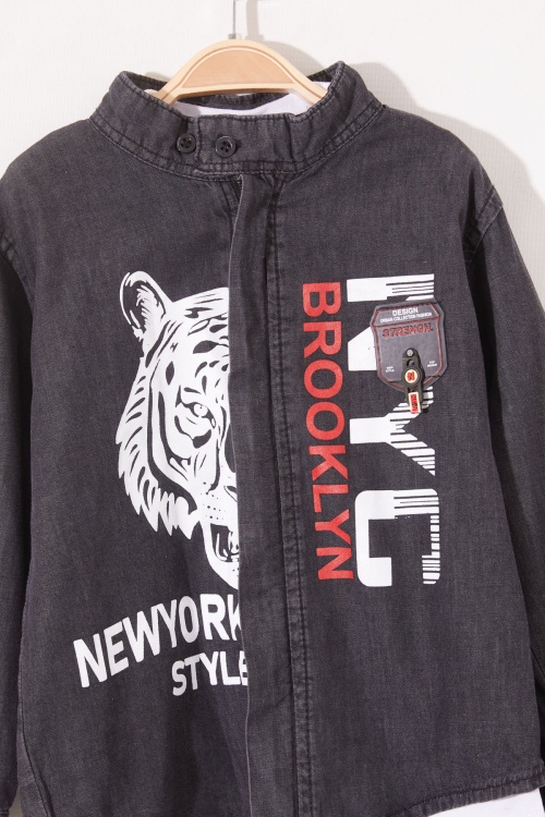 Siyah Kaplan Baskılı Fermuarlı Jean Gömlekli Erkek Çocuk Takım 18981