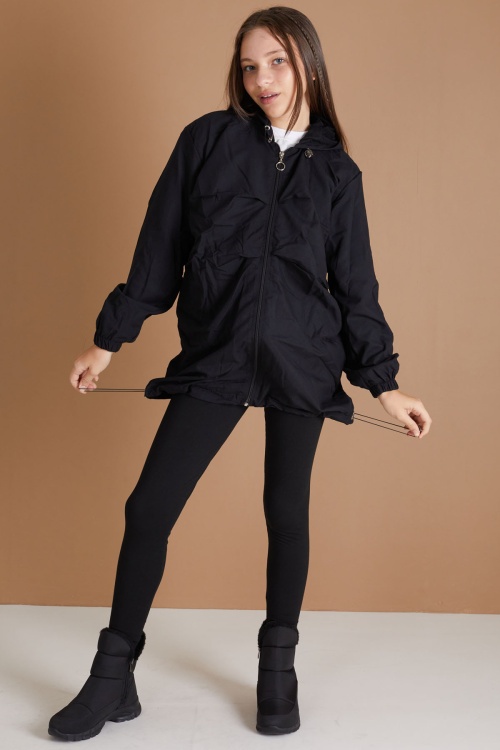 Siyah Kapüşonlu Fermuarlı Kız Çocuk Paraşüt Hırka 18496