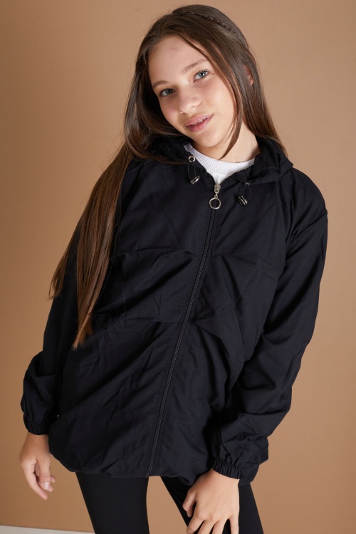 Siyah Kapüşonlu Fermuarlı Kız Çocuk Paraşüt Hırka 18496