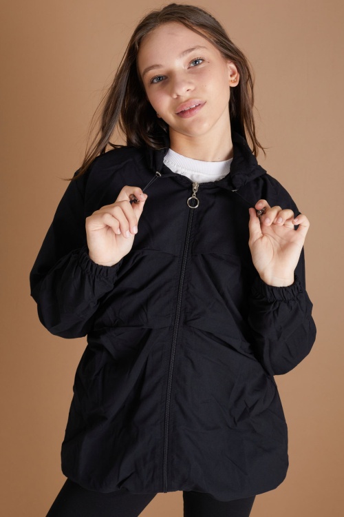 Siyah Kapüşonlu Fermuarlı Kız Çocuk Paraşüt Hırka 18496