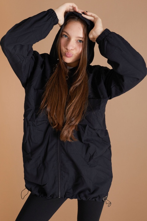 Siyah Kapüşonlu Fermuarlı Kız Çocuk Paraşüt Hırka 18496