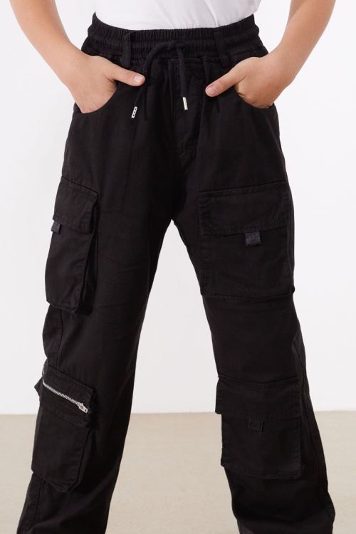 Siyah Kargo Cepli Paçası Lastikli Erkek Çocuk Jean Pantolon 18538