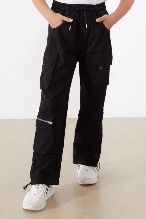 Siyah Kargo Cepli Paçası Lastikli Erkek Çocuk Jean Pantolon 18538