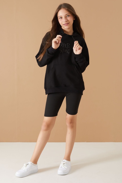 Siyah Keep Read Baskılı Kız Çocuk Kapüşonlu Sweatshirt 19357