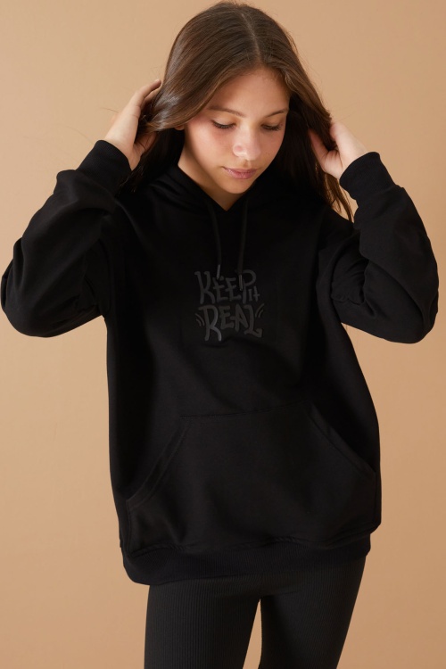 Siyah Keep Read Baskılı Kız Çocuk Kapüşonlu Sweatshirt 19357