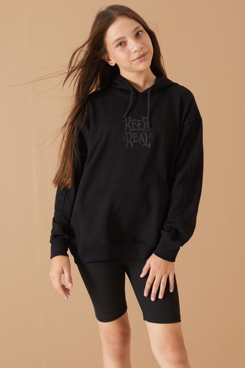 Siyah Keep Read Baskılı Kız Çocuk Kapüşonlu Sweatshirt 19357