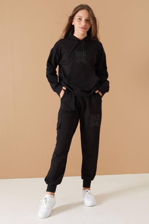 Siyah Keep Read Yazılı Kız Çocuk Kapüşonlu Takım 19313